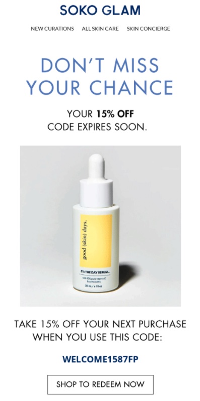 A Soko Glam's uniqe discount coupon for skin care products