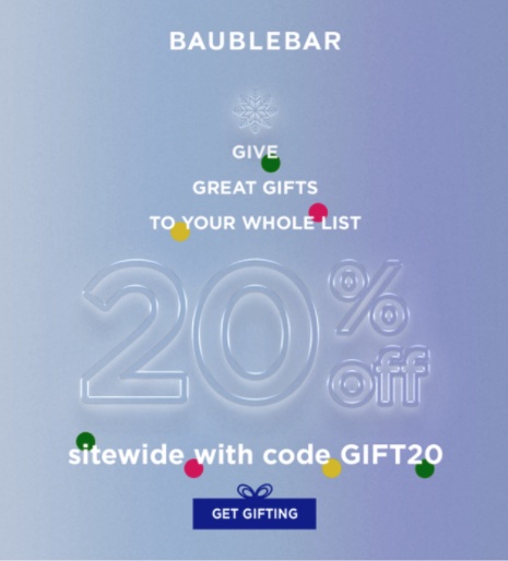 A Christmas ad banner from Baublebar, giving 20% off coupon sitewide