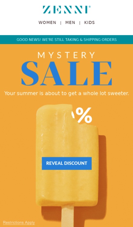 A gamified promotion example – a revealable discount from ZENNI
