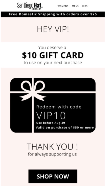 A gift card promotion example by San Diego Hat Company