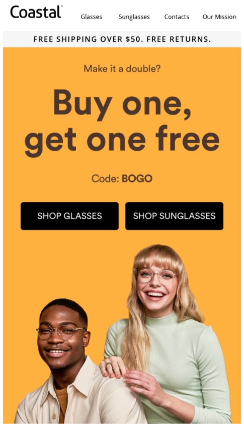 A "buy one get one" promotion example from Coastal