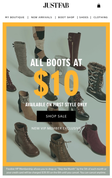 A fixed price discount example – $10 off in Justfab online stroe