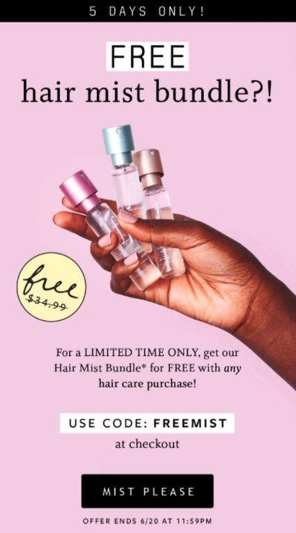 A unit discount example – free hair mist with any purchase by Function of Beauty