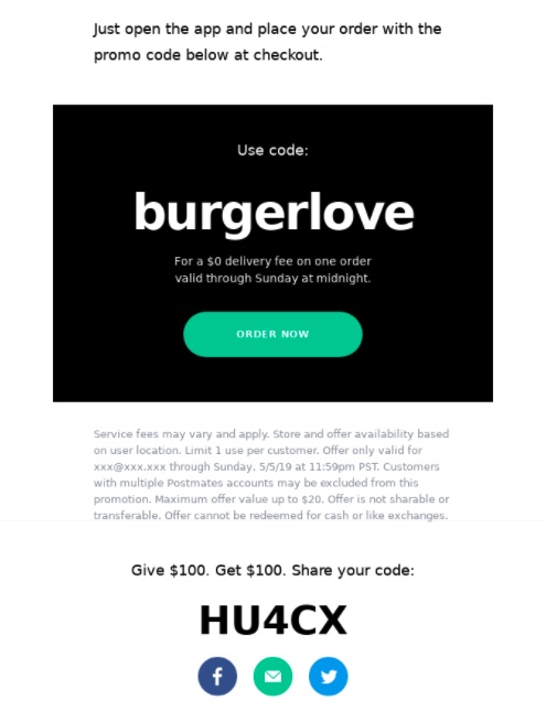 A unique code promotion example by Postmates