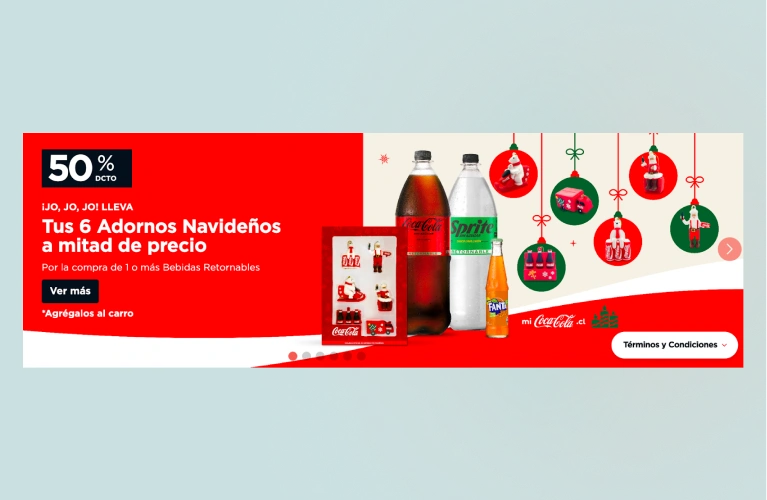 Screenshot of website presenting a half price deal – buy one beverage, get one item (ornaments) for 50% off. 