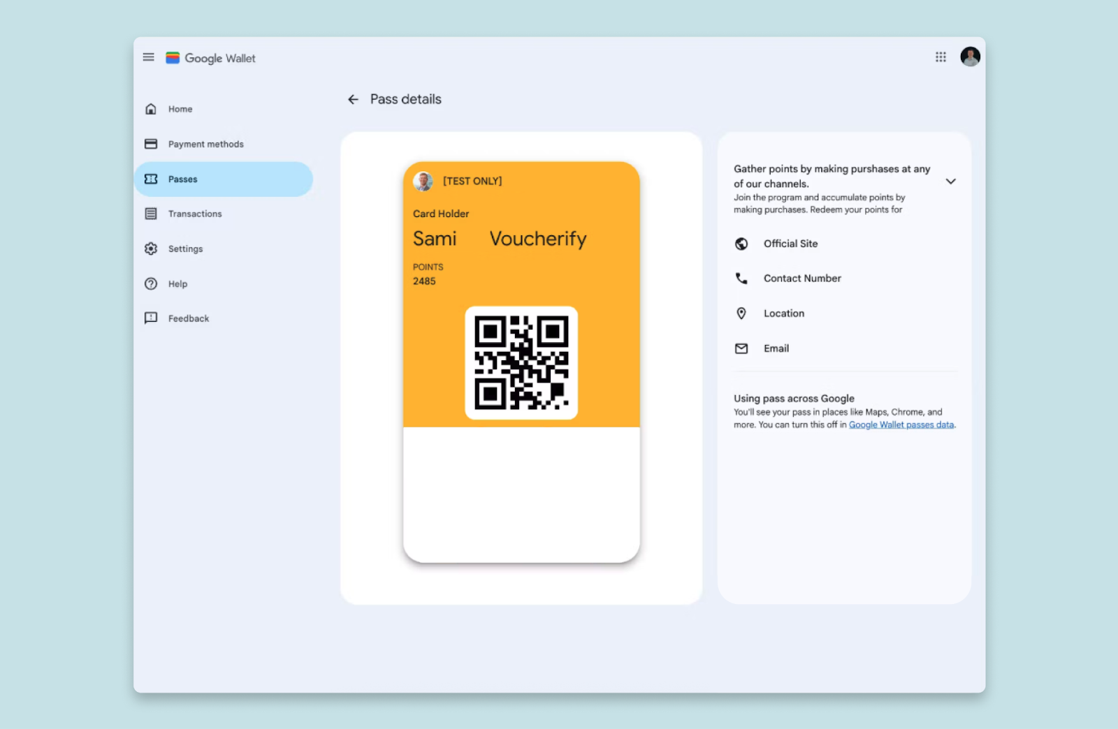 Google Wallet loyalty pass showing points in the PoC