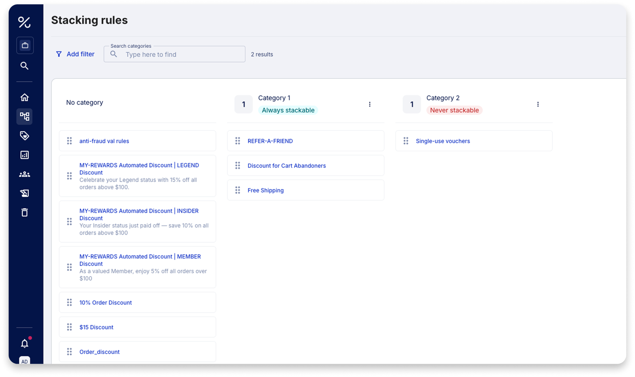 Voucherify Stacking Rules Categories View