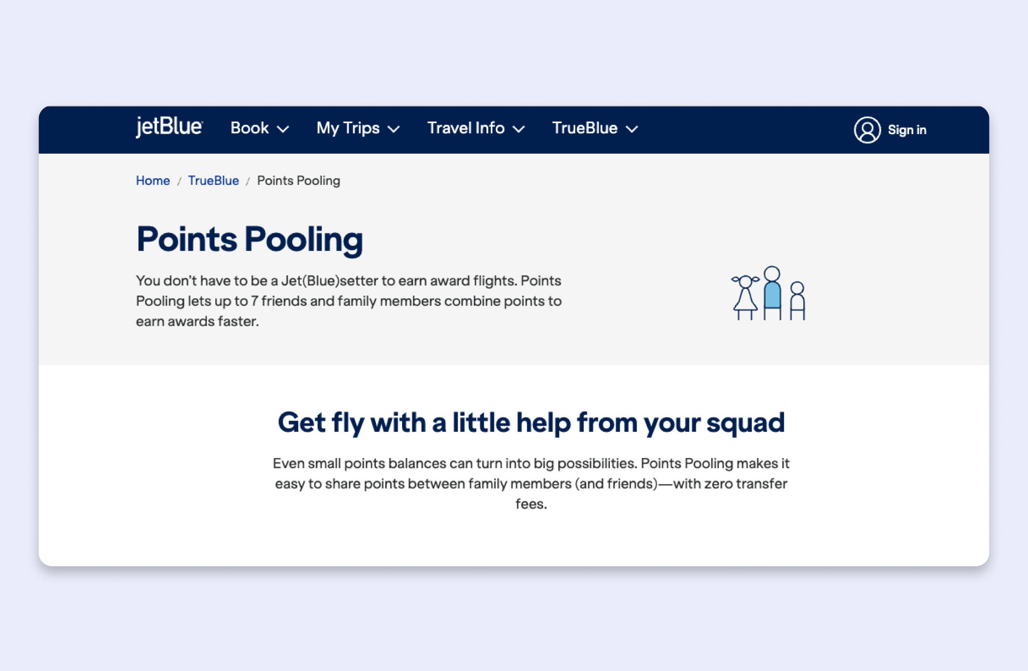 Screenshot of JetBlue TrueBlue Points Pooling page showing how up to 7 friends and family members can combine points to earn award flights faster