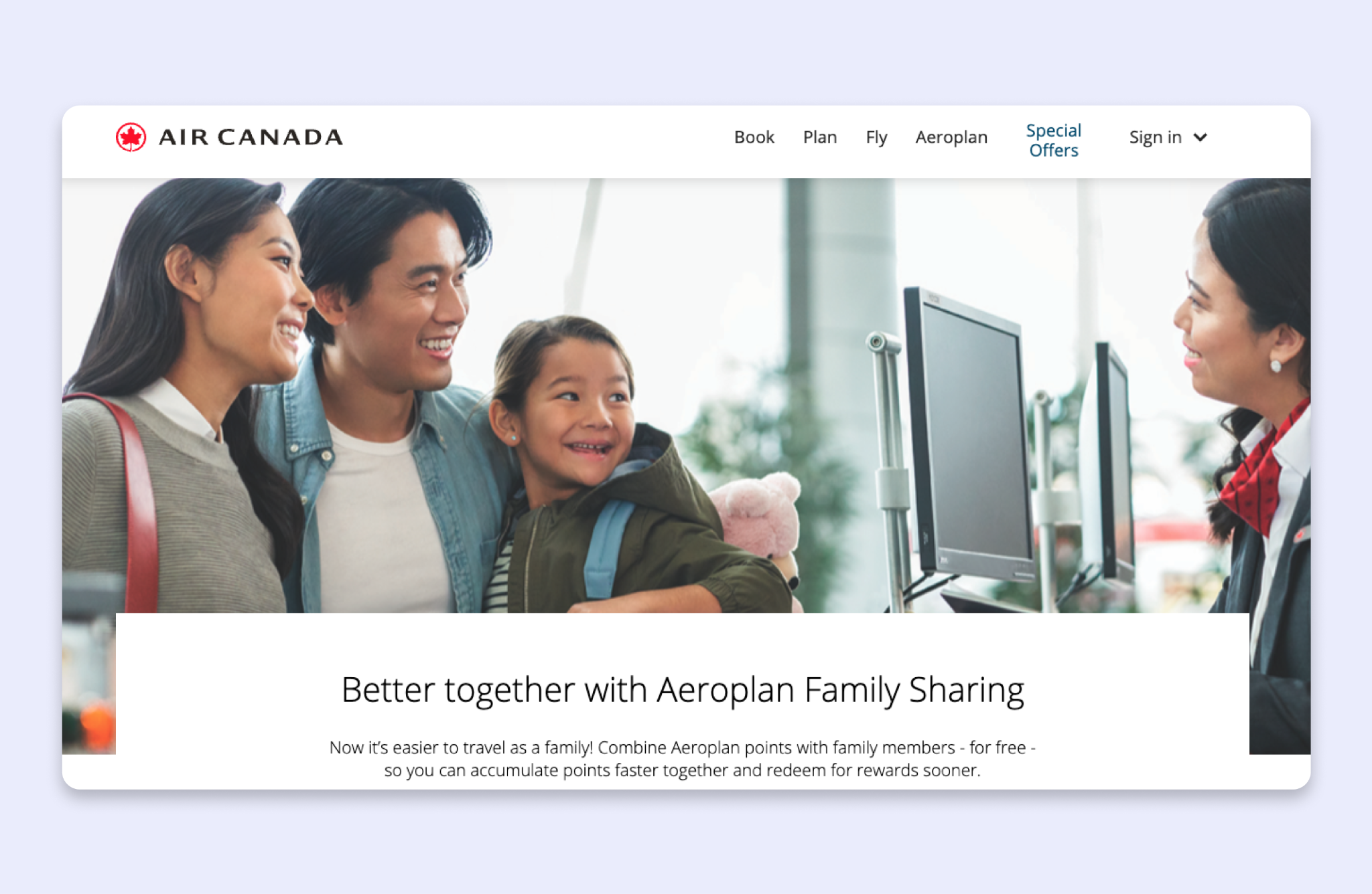 Screenshot of Air Canada Aeroplan Family Sharing page with a family at an airport check-in counter and the headline Better together with Aeroplan Family Sharing