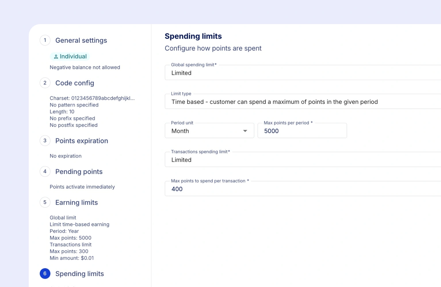 Loyalty spending limits: Example from Voucherify UI
