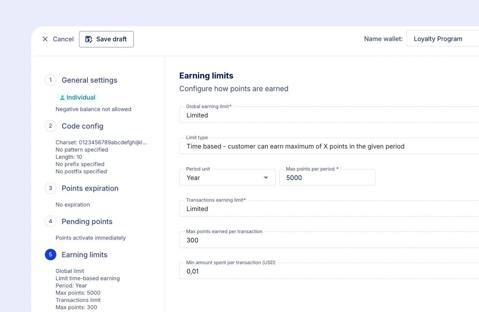 Loyalty earning limits: example from Voucherify UI