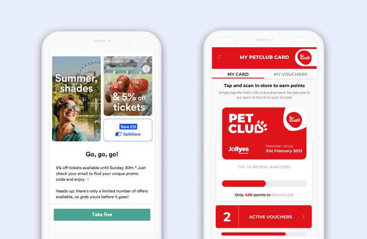 Examples of retention incentives in the Trainline and Jollyes apps, including personalized offers, vouchers, and loyalty rewards.
