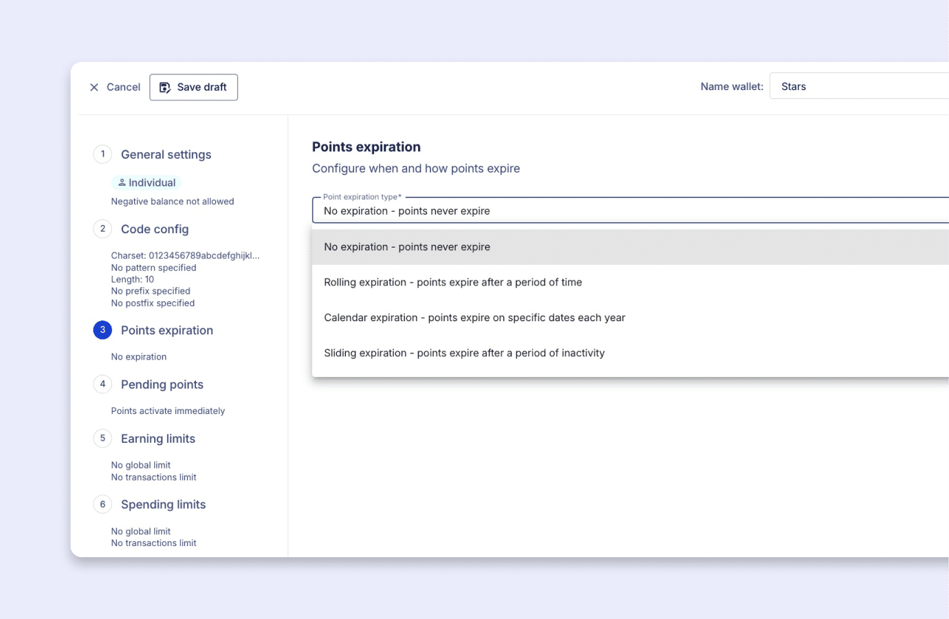 Voucherify loyalty wallet setup showing configurable points expiration options, including rolling, calendar, and sliding expiration.
