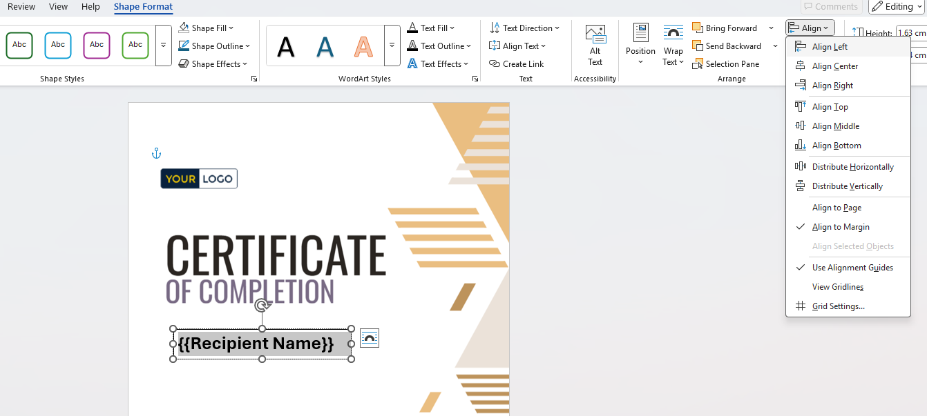 Word Bildausrichtung