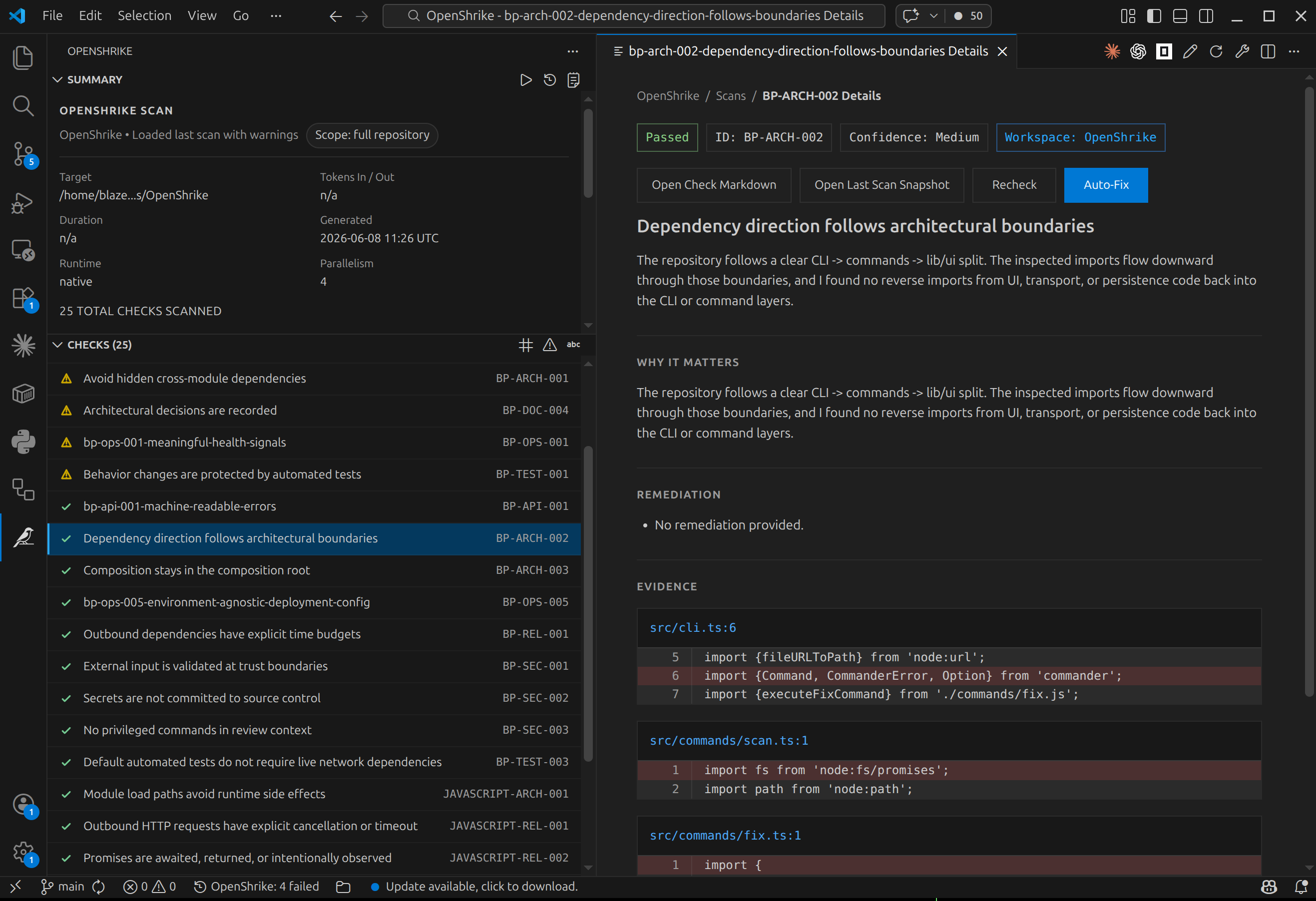 OpenShrike in VS Code showing code review findings, evidence and remediation