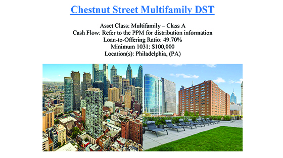 Screen showing investment details for Chestnut Street Multifamily DST with Philadelphia cityscape and a rooftop patio with lounge chairs and green space.