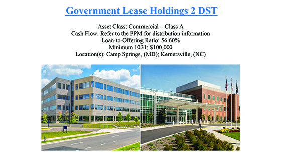 Two modern commercial office buildings under blue sky with clouds, featuring landscaped surroundings and flags, representing Government Lease Holdings 2 DST.