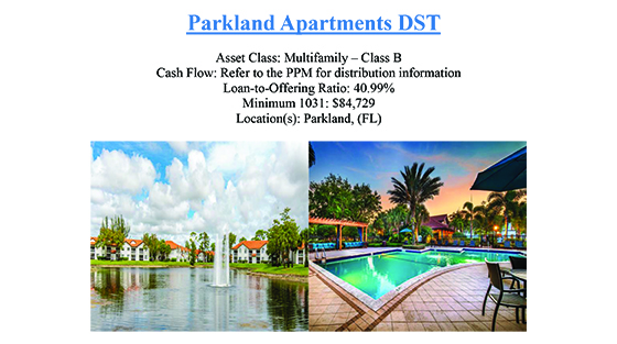 Two images of Parkland Apartments showing a pond with a fountain surrounded by buildings and palm trees on a cloudy day, and a swimming pool area with chairs and palm trees at sunset.