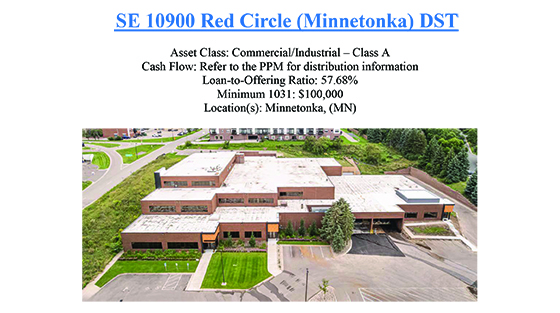 Aerial view of a large one-story commercial-industrial building with flat roofs, surrounded by parking lots and greenery in Minnetonka, Minnesota.