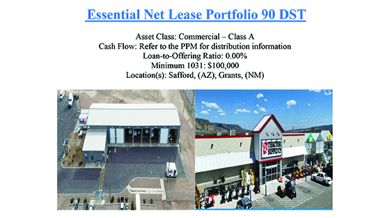 Two commercial properties: left is an aerial view of a warehouse-style building with parking lot, right is a Tractor Supply storefront with customers and vehicles in front.