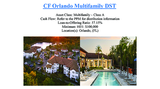 Two images of CF Orlando Multifamily DST property: aerial view of white apartment buildings with surrounding greenery and cars, and a poolside area with lounge chairs and palm trees at sunset.
