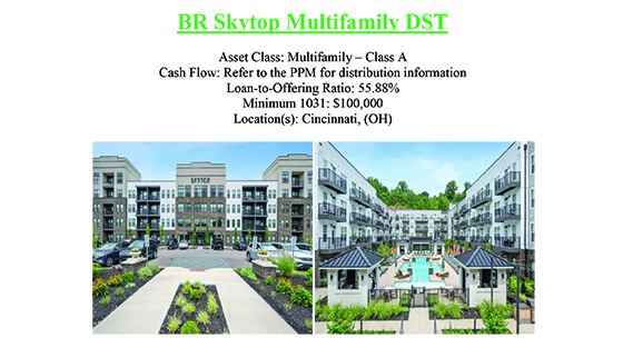 Two photos of BR Skytop Multifamily DST apartments in Cincinnati, Ohio; left shows exterior entry with landscaped pathway, right shows courtyard with pool and seating area surrounded by buildings.