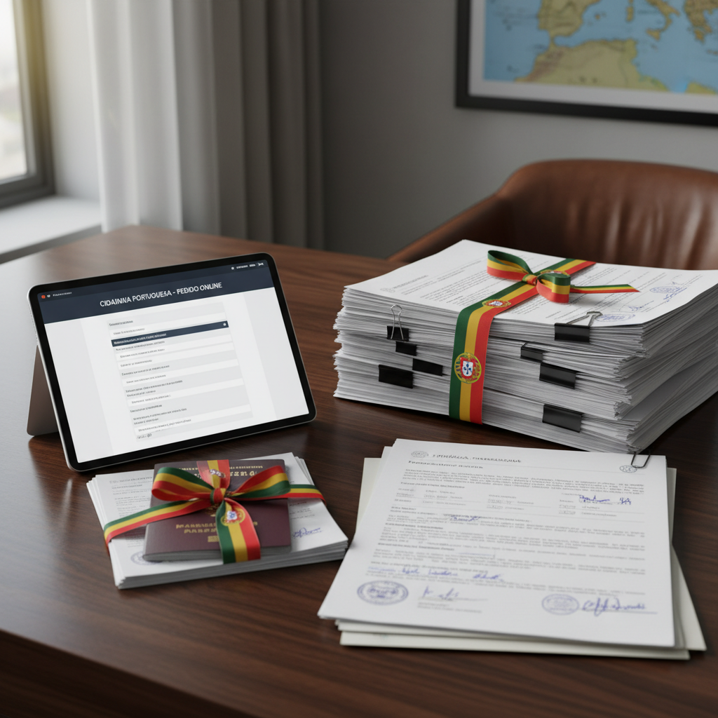 Portuguese visa application documents passport and online form on professional desk