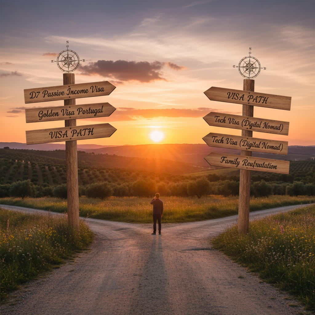 Crossroads signpost showing D7 Golden Visa and Digital Nomad visa paths at sunset in Portuguese countryside