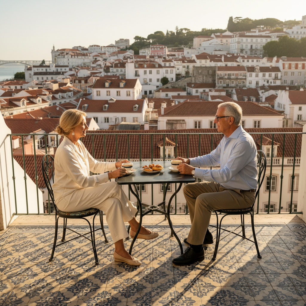 Retired couple enjoying coffee on Lisbon terrace with Portuguese azulejo tiles - D7 Passive Income Visa lifestyle