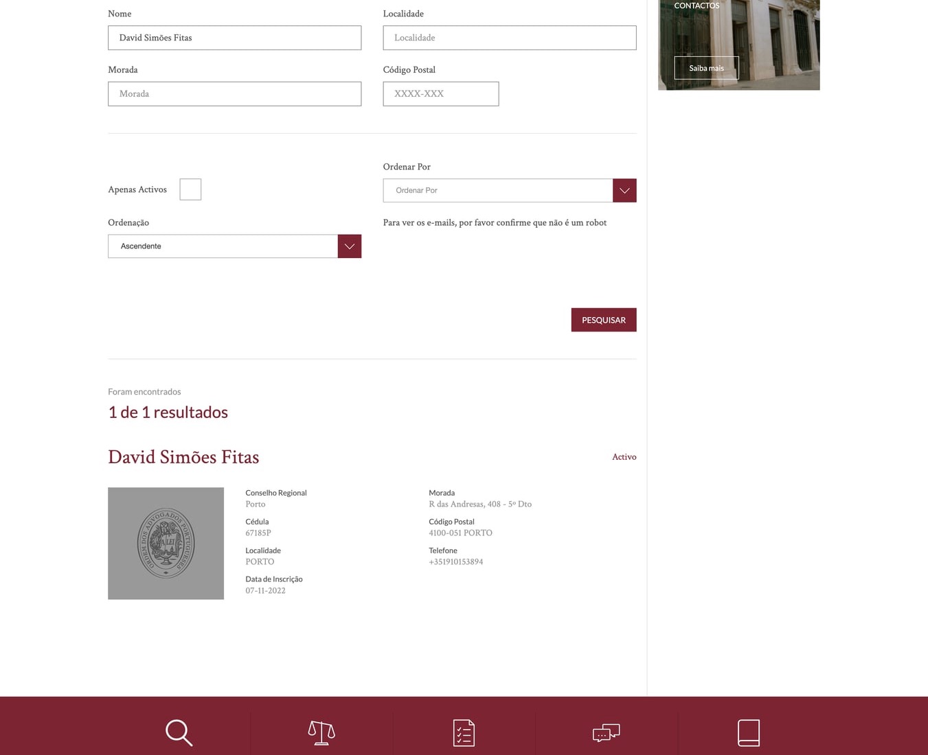 Ordem dos Advogados lawyer search showing David Simões Fitas with Activo status and Cédula 67185P