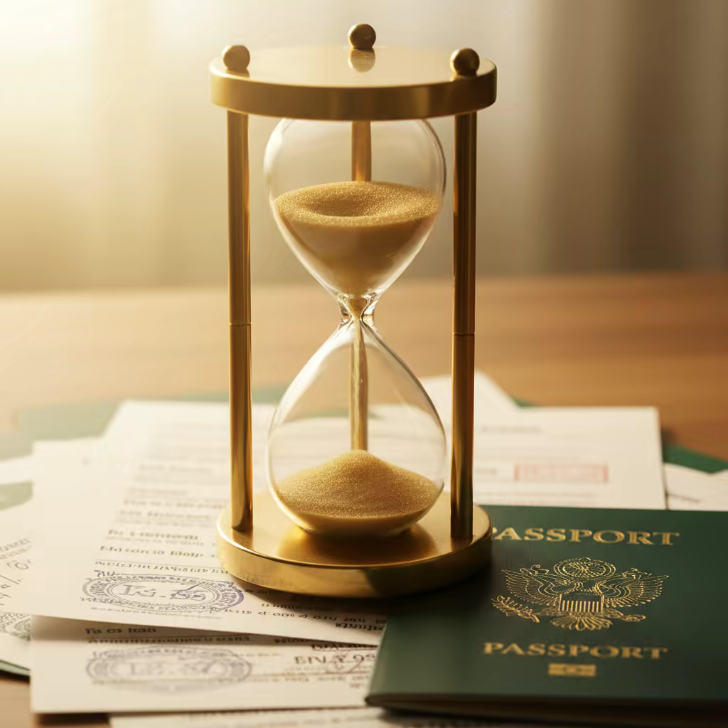 Golden hourglass on visa documents symbolizing long processing times