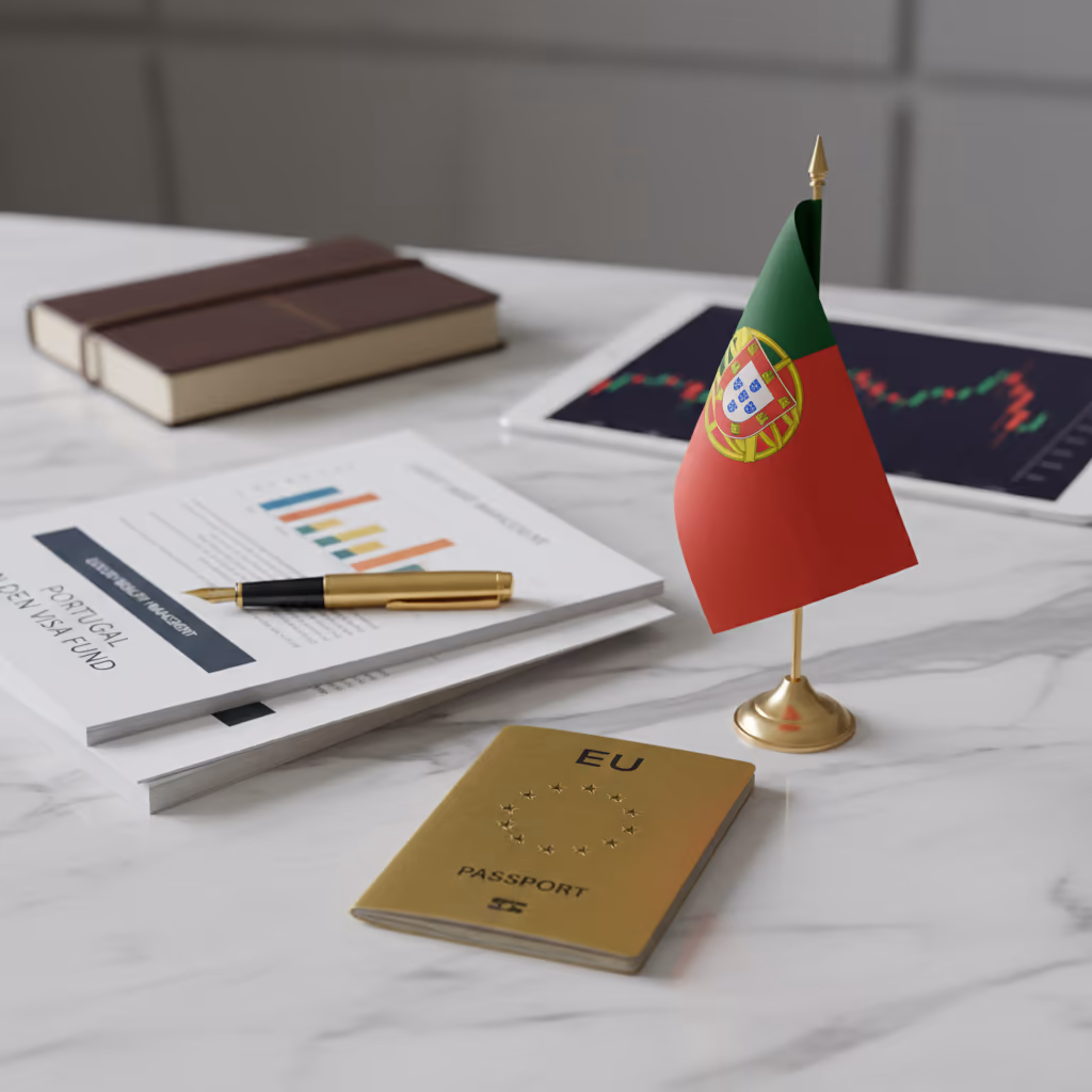 Portugal Golden Visa investment documents with EU passport and Portuguese flag on marble desk