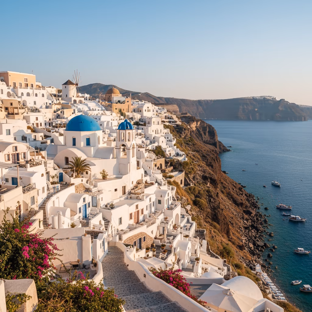 Move to Greece - Santorini white buildings and blue domes overlooking the Aegean Sea