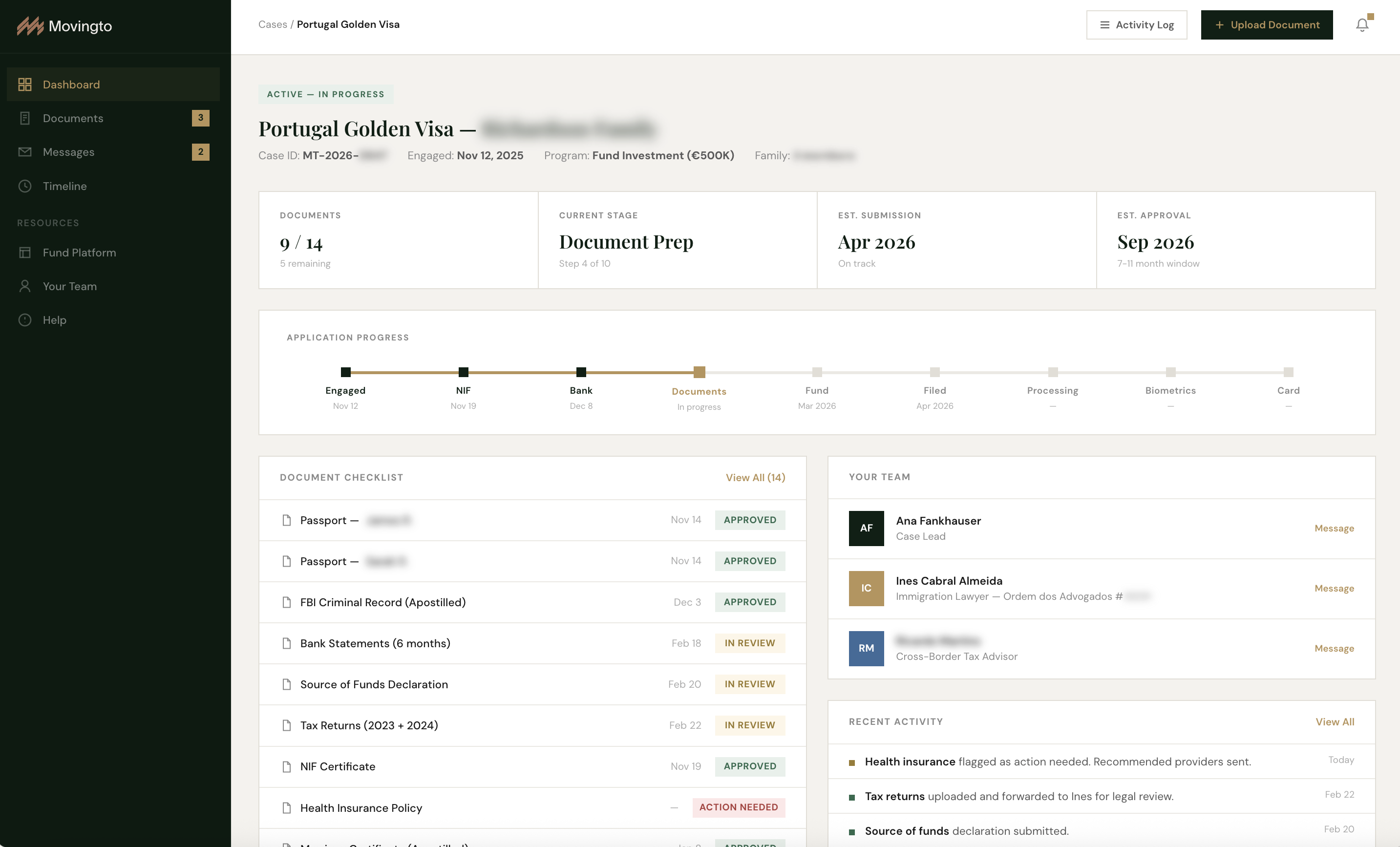 Movingto client process dashboard for immigration service coordination
