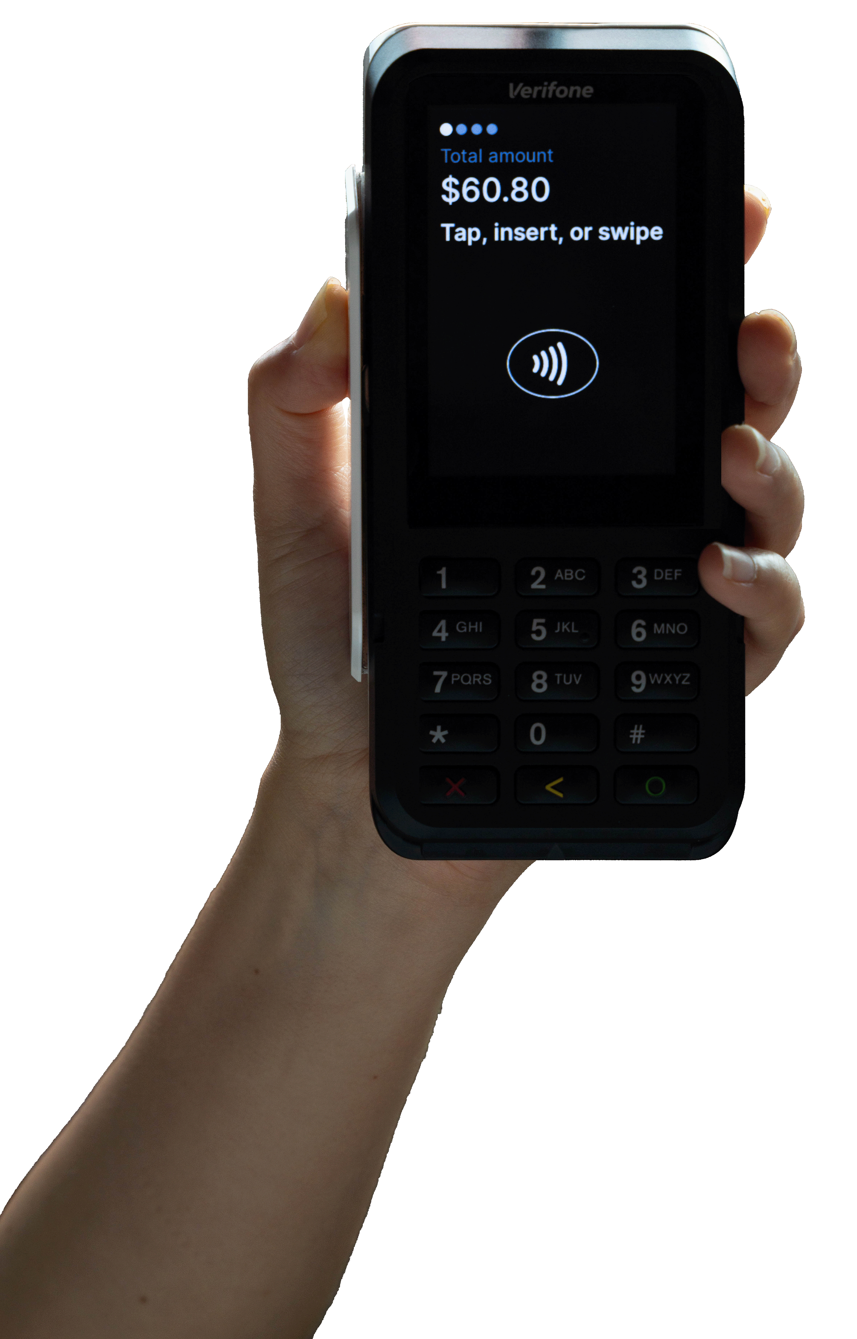 A hand holding a card payment terminal displaying a contactless payment screen.