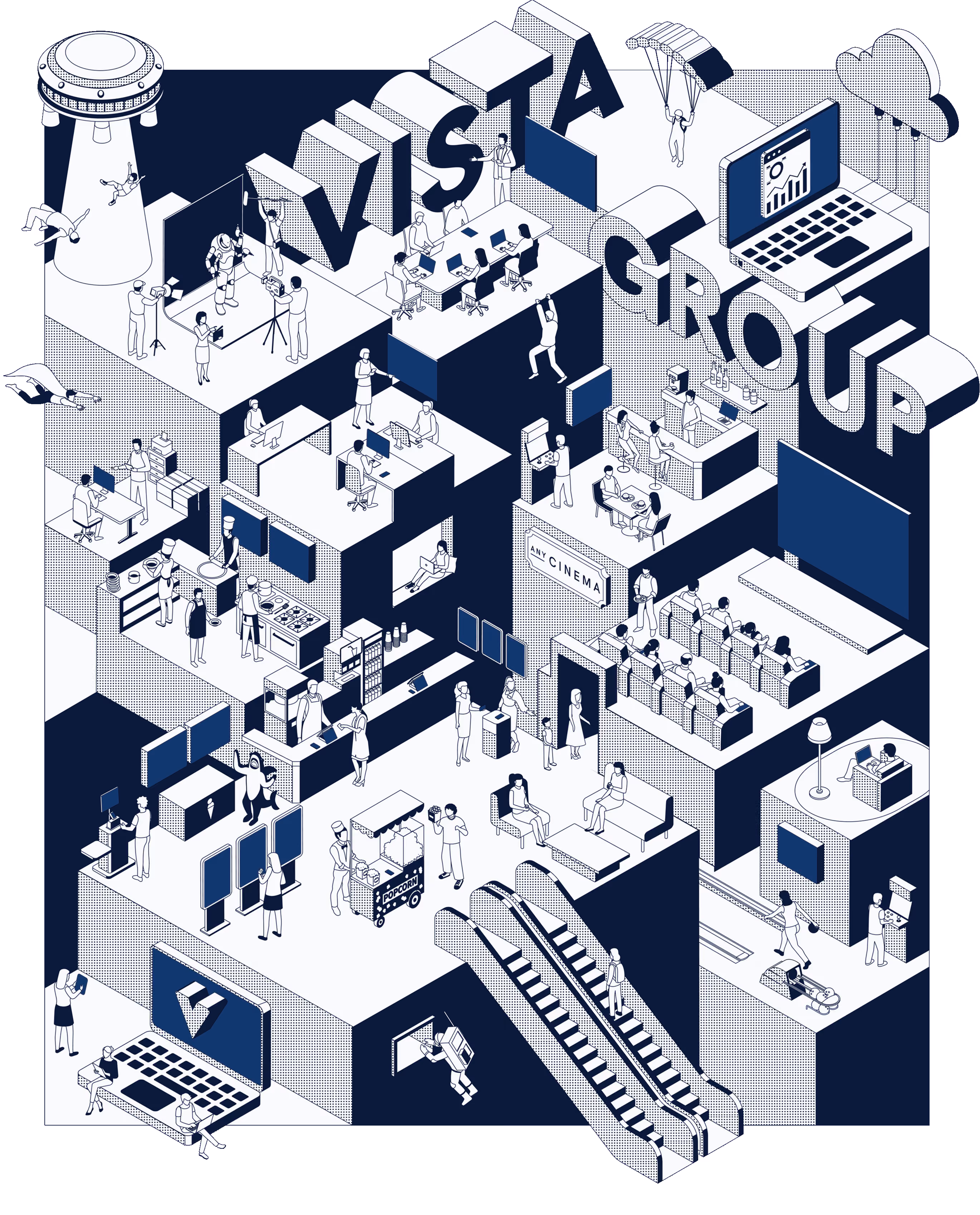 Illustration of a Vista Group workspace with large 3D text, team collaboration, analytics and cloud technology
