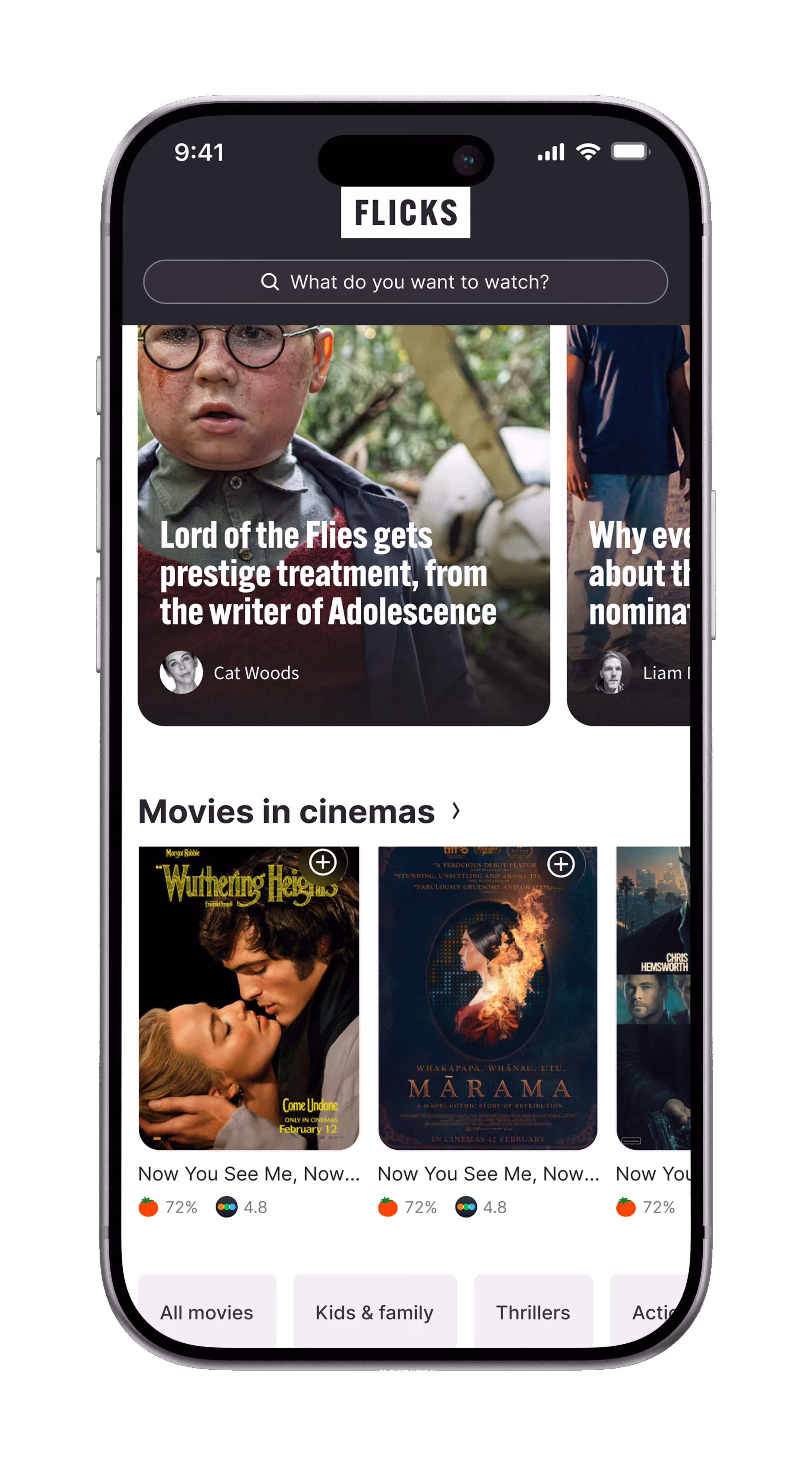 Cinema and streaming guide website on laptop with sports schedule widget and mobile movie listings