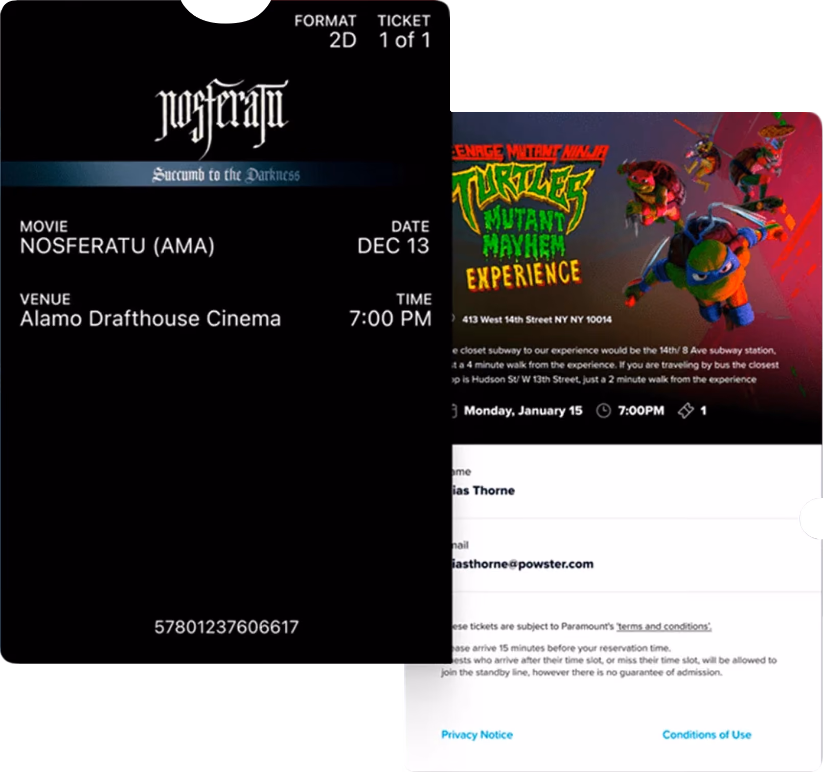 Entertainment content platform on laptop with movie promotions, ticketing interface and mobile offer screen