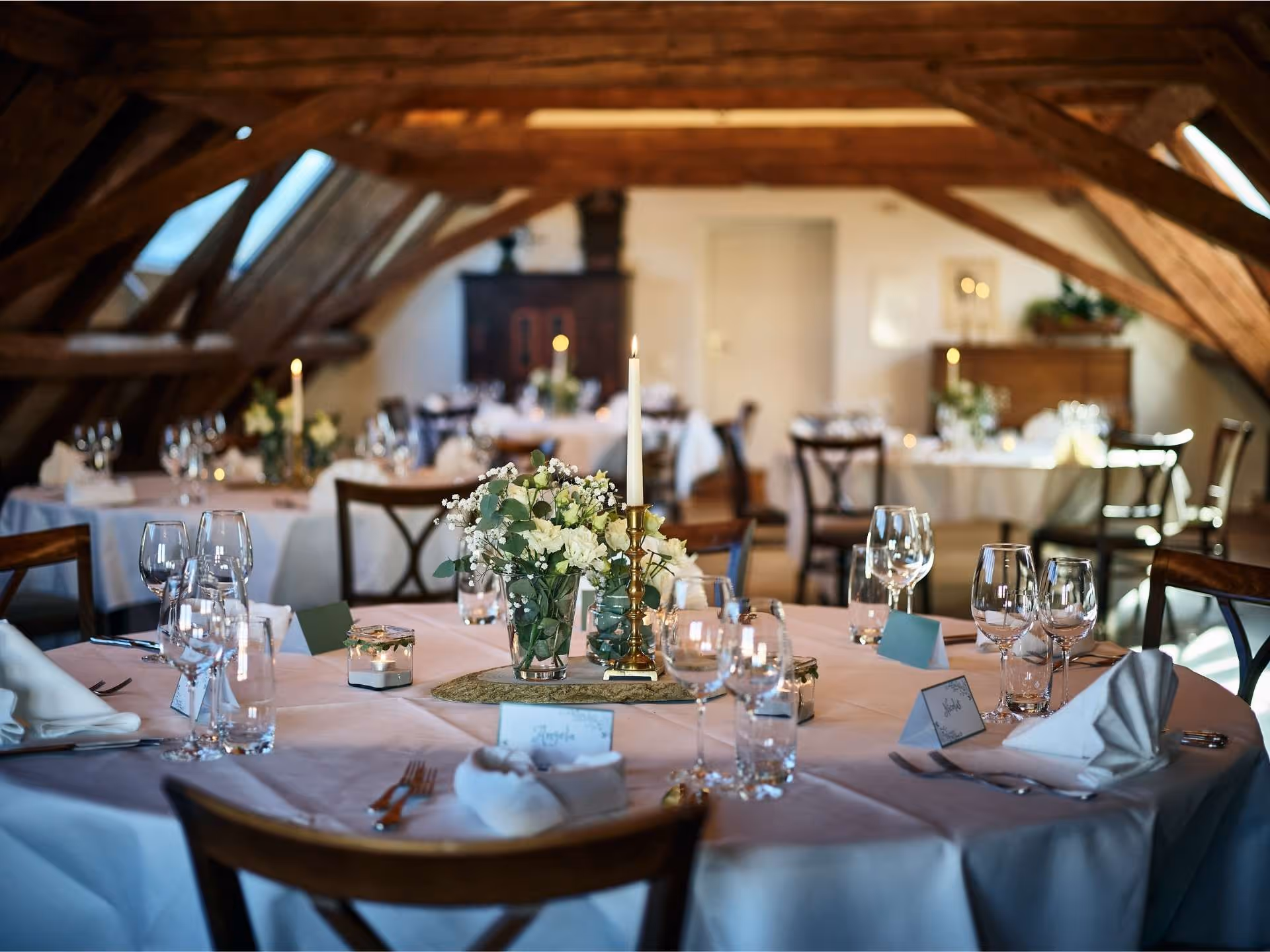Festively set table in the hayloft