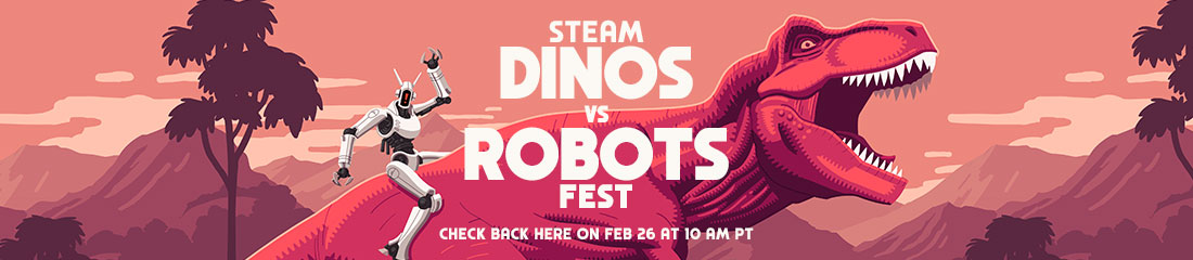 A marketing asset for Valve's Steam Dinos vs Robots Fest.