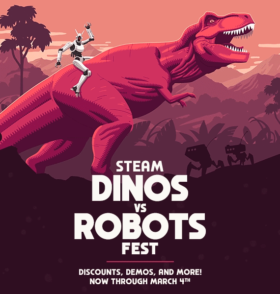 A marketing asset for Valve's Steam Dinos vs Robots Fest.