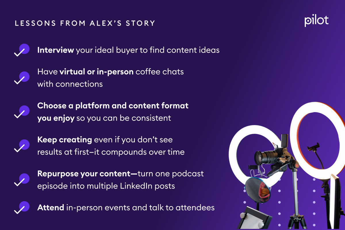 A list of advice by Alex Birkett at Omniscient Digital about building his founder brand