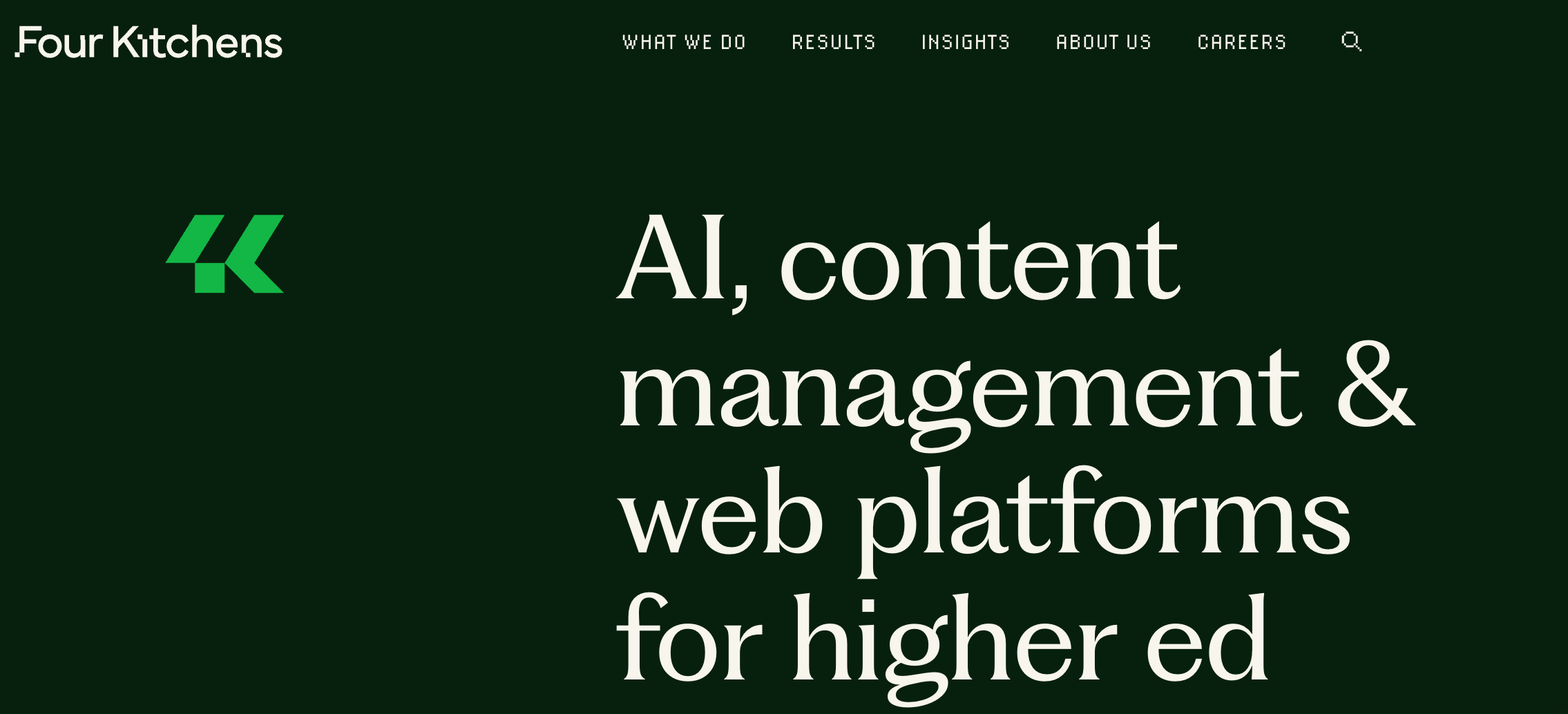 A photo of the Four Kitchens website with clear messaging