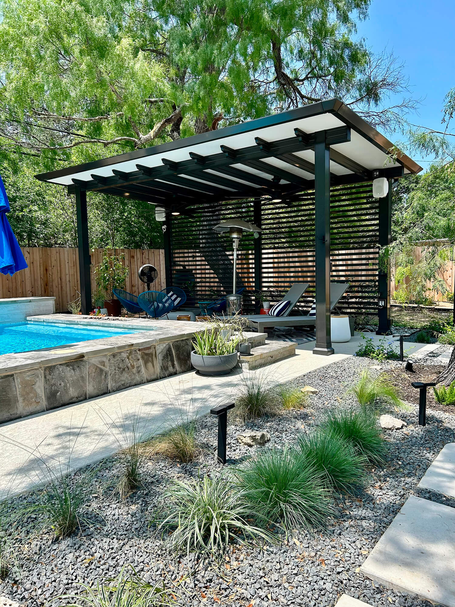 Modern pergola by a pool, San Antonio yard.