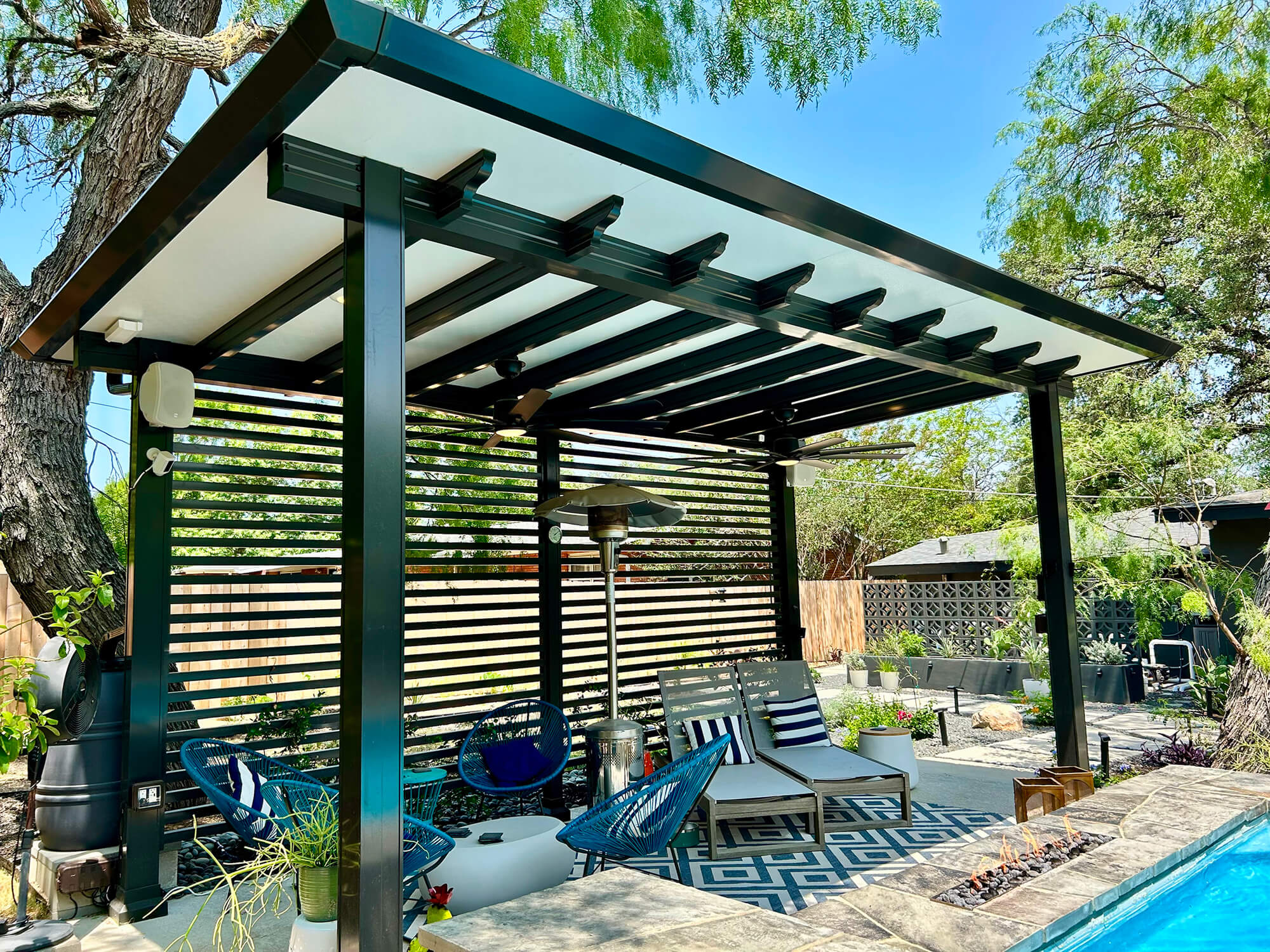 Modern pergola by pool in San Antonio backyard
