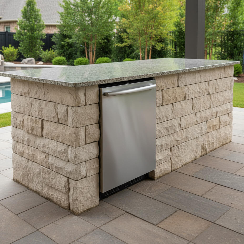 Outdoor stainless steel dishwasher built into a stone island with a granite countertop, situated on a tiled patio near a grassy yard and swimming pool, surrounded by trees and shrubs.