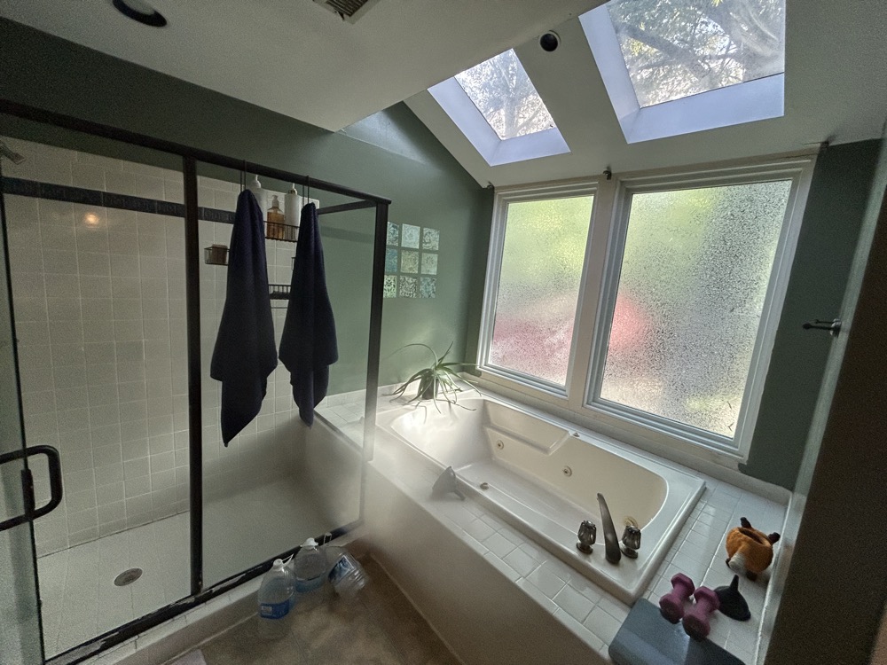The tub location (below) did not change, but the shower moved to the right side of the skylights.