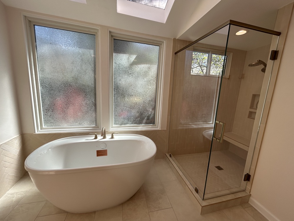 Below an alternate view of the new shower with bench seat.