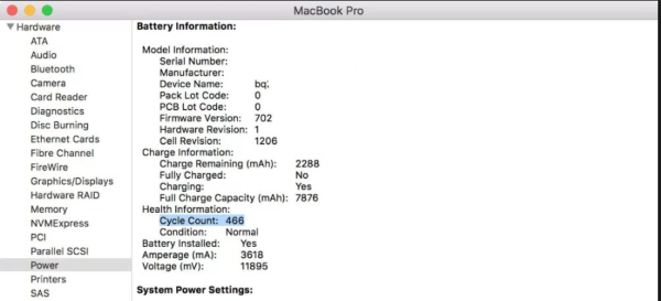 Battery information panel on a MacBook Pro computer