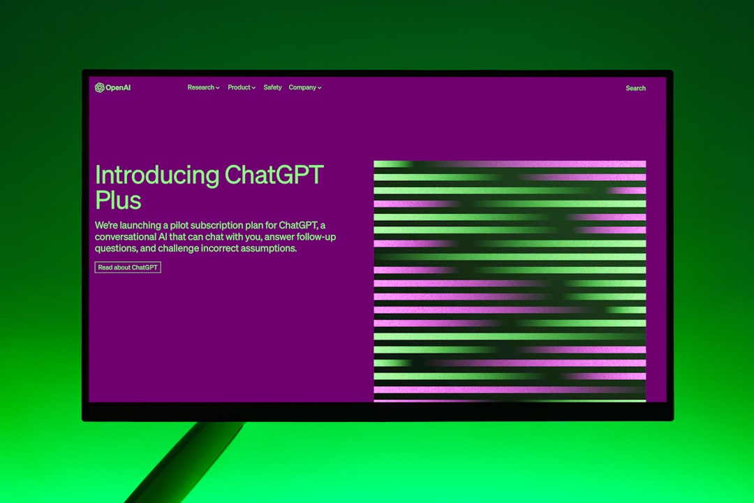 Monitor displaying ChatGPT Plus announcement screen